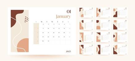 plantilla de calendario de pared mensual 2023 en estilo minimalista moderno, concepto de portada, conjunto de calendario de escritorio de 12 páginas, diseño de planificador de calendario mínimo 2023 para plantilla de impresión en beige vector