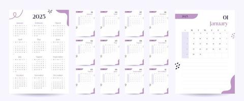 Monthly wall calendar 2023 template in trendy minimalist Style, cover concept, week starts on sunday, 2023 minimal calendar planner design for printing template in purple vector