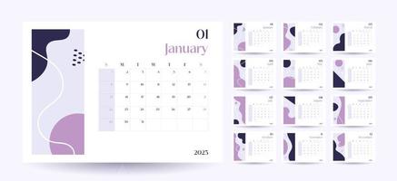plantilla de calendario de pared mensual 2023 en estilo minimalista moderno, concepto de portada, conjunto de calendario de escritorio de 12 páginas, diseño de planificador de calendario mínimo 2023 para plantilla de impresión en púrpura vector