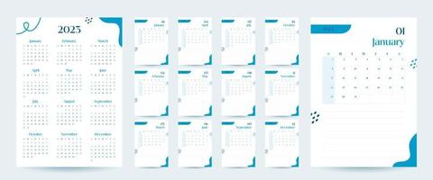 plantilla de calendario de pared mensual 2023 en estilo minimalista moderno, concepto de portada, semana comienza el domingo, diseño de planificador de calendario mínimo 2023 para plantilla de impresión en azul vector