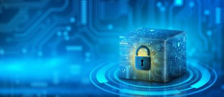Cube computing technology with padlock. Cloud data and Internet Security. photo
