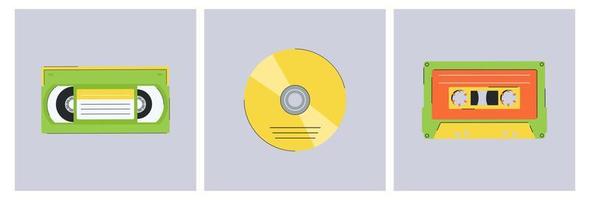 Set of cassete and disk of the 1990s. Set of vector elements in retro design. 90s style vector objects.