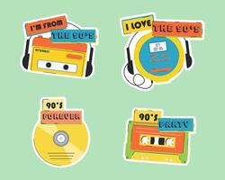 Set of vector stickers in the style of 1990's. Retro music gadget. Vector tape and player.