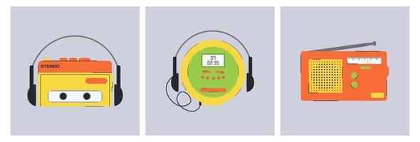 Set of audio and CD player of the 1990s. Set of vector elements in retro design. 90s style vector objects.