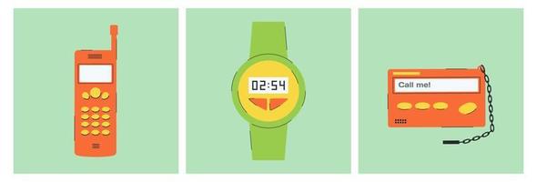 Set of phone and watch of the 1990s. Set of vector elements in retro design. 90s style vector objects.