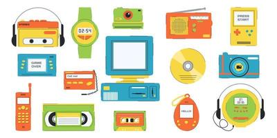 conjunto de elementos vectoriales en diseño retro. Objetos vectoriales de estilo años 90. Nostalgia de los 90. colección de computadora electrónica de los 90, juegos portátiles, reproductor, teléfono. vector