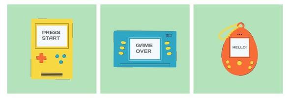 Set of game consoles of the 1990s. Set of vector elements in retro design. 90's style vector objects. Retro portable game.