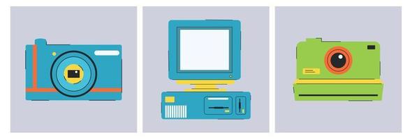 conjunto de dispositivos electrónicos de la década de 1990. conjunto de elementos vectoriales en diseño retro. Objetos vectoriales de estilo años 90. cámara de fotos vectorial y computadora. vector