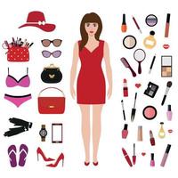 Woman with a set of clothes and cosmetics vector
