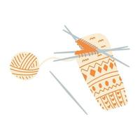 Knitted sock on needles and yarn ball. Hand drawn vector illustration of knitting process, concept of hobby, leisure time needlework