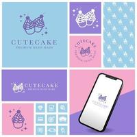 cute simple cake logo with seamless pattern and mockup vector