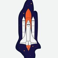 Flying space shuttle in cartoon design with blue and white background design vector