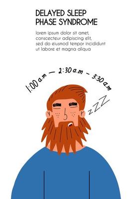 Sleep phase delay syndrome. The man is sleeping. Flyer template. Vector hand drawn illustration