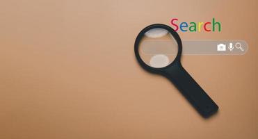 Search Engine Optimization SEO Networking Concept, Magnifying glass with search box, browsing Internet global data Information with blank search bar. photo