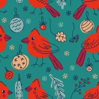 Northern cardinal birds and xmas elements doodle seamless pattern. vector