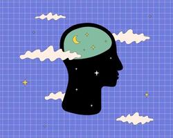 A black human profile surrounded by clouds and stars, with a bright sky inside. A symbol of stability in difficult times, inner strength and zen. vector