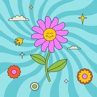 Colourful groovy illustration with smiling flower, stars, daisies and clouds. Funky outlined patch. vector