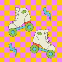 Bright groovy illustration with roller skates and lights. Vector trendy outlined patch.