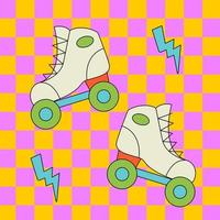 Bright groovy illustration with roller skates and lights. Vector trendy outlined patch.