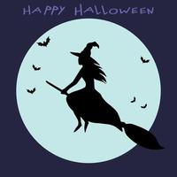 Witch on a broom silhouette at a fullmoon view. Happy Halloween. Hand drawn vector art