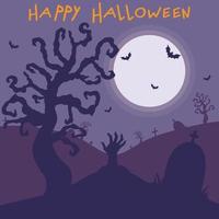 Happy Halloween cemetery view. Hand drawn vector art. Zombie's hand. Halloween night