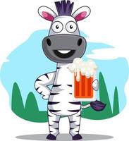 Zebra with beer, illustration, vector on white background.