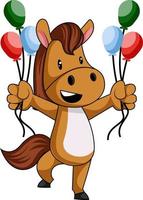 Horse with balloons, illustration, vector on white background.