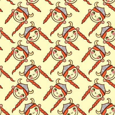 Viking girl pattern, seamless pattern on yellow background.