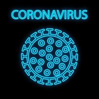 Bright glowing blue medical scientific digital neon sign for hospital laboratory pharmacy beautiful with coronavirus pandemic virus on black background. Vector illustration