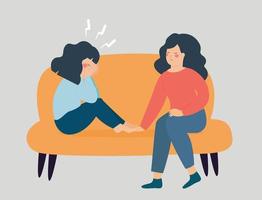 Woman comforting her best friend. Mother consoles her depressed daughter. Women sitting on couch support each other. Mental health help for depression or stress. Concept of empathy and friendship. vector