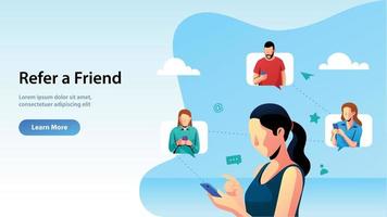 Refer a Friend Woman Character Landing Concept vector