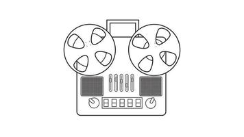 Old retro vintage music cassette tape recorder with magnetic tape on reels from the 70s, 80s, 90s. Black and white icon. Vector illustration