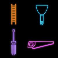 Set of bright glowing multicolored construction industrial neon signs for shop workshop service center beautiful shiny with ladder screwdriver spatula saw on black background. Vector illustration