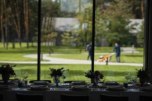 View of the lawn through the window of the banquet hall photo