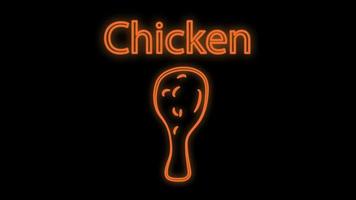 Fried chicken leg neon light icon. Glowing sign with alphabet, numbers and symbols. Grilled hen meat vector isolated illustration. Unhealthy nutrition, fat food, barbecue. Tasty lunch, harmful eating