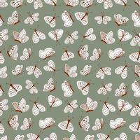 White moths on a green sage color background vector seamless pattern. Line and spot.