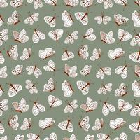 White moths on a green sage color background vector seamless pattern. Line and spot.