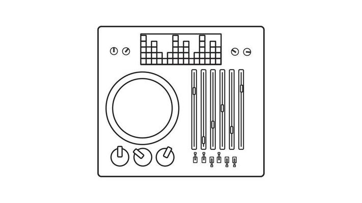 Old retro vintage audio music equipment vinyl dj board with sliders and cranks and buttons from the 70s, 80s, 90s. Black and white icon. Vector illustration
