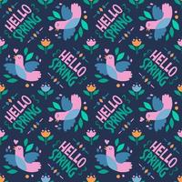 Spring seamless pattern with birds and hand drawn lettering phrase Hello Spring. vector