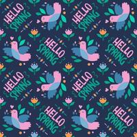 Spring seamless pattern with birds and hand drawn lettering phrase Hello Spring. vector