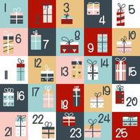 Advent calendar of Christmas or Xmas winter holiday. Vector countdown to Christmas with numbers