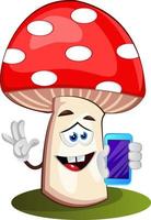 Mushroom with cellphone, illustration, vector on white background.