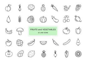 frutas y verduras, iconos vectoriales de 32 líneas vector