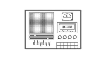 Old retro vintage music cassette tape recorder with magnetic tape on reels from the 70s, 80s, 90s. Black and white icon. Vector illustration