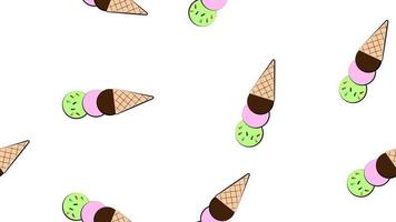 ice cream in balls in a waffle cup on a white background, pattern, vector illustration. in the style of wallpaper with lots of colored ice creams. decor of a cafe and restaurant. cute cones