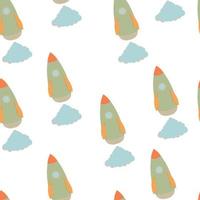 Seamless pattern rocket in space, spaceship in hand drawn style vector