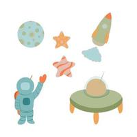 Space set astronaut, spaceship, rocket, moon, stars. Hand drawn style vector