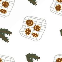 bandeja para hornear de patrones sin fisuras con galletas de navidad y ramas de árboles de navidad vector