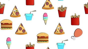 Seamless endless pattern of different delicious hearty hot fries, pizza, ice cream, fast food noodles on a white background. Texture vector