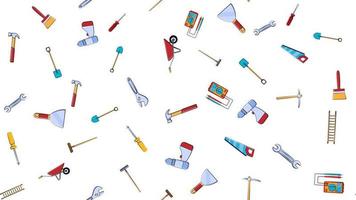 Texture, seamless pattern from a set of construction tools for repair hammer, shovel, screwdriver, wrench, tester, brush, saw, trolley, trowel, ladder on a white background. Vector illustration